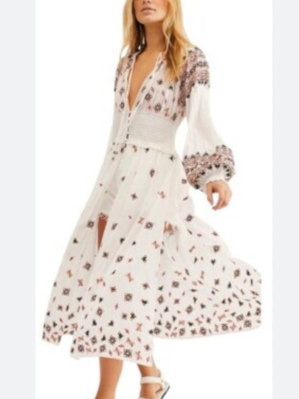 Free People White Boho Embroidered Maxi Dress with Pink and Black Accents - Picture 7 of 16